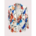 Graphic Print Double Breasted Lapel Neck Blazer, Casual Long Sleeve Blazer For Office & Work, Women's Clothing