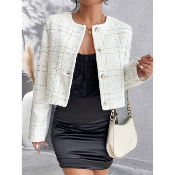 Button Front Plaid Blazer, Elegant Crew Neck Long Sleeve Outerwear, Women's Clothing