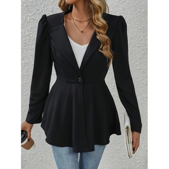Button Front Flared Blazer, Elegant Notched Collar Long Sleeve Blazer For Office & Work, Women's Clothing
